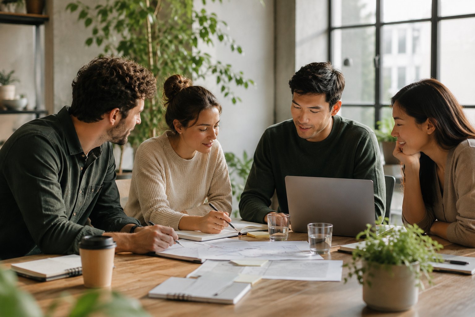 Jonge professionals in gesprek in een lichte kantooromgeving