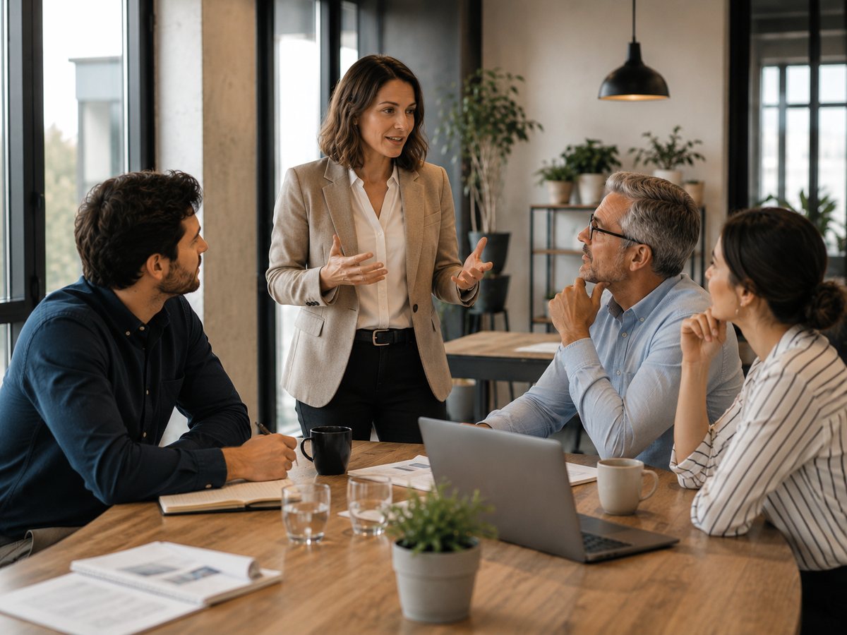 Leidinggevende leidt het overleg met haar team