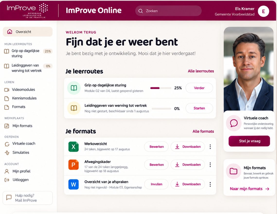 Het startscherm van ImProve Online met de leerroutes, formats en de virtuele coach